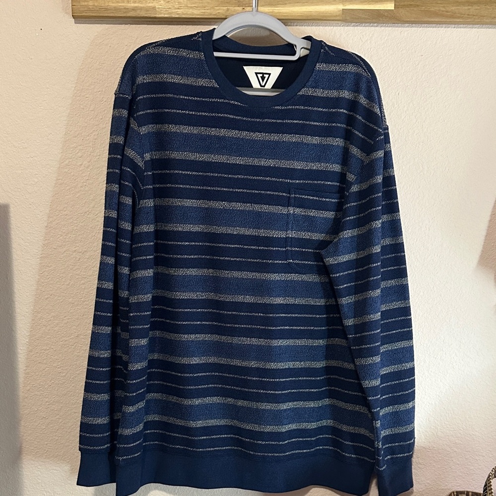 VISSLA Navy and Gray Striped Crewneck Sweater
